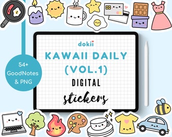 Puede incluir: Un paquete de pegatinas digitales con más de 54 pegatinas kawaii para GoodNotes y PNG. Las pegatinas presentan personajes y objetos lindos, incluyendo un sol, una vela, una taza de café, una estrella, una tarjeta de crédito, una barra de chocolate, un vestido, un huevo, una sartén, una computadora portátil, un árbol, un fuego, una paleta de pintura, una taza de té, una camiseta, un automóvil y una abeja.