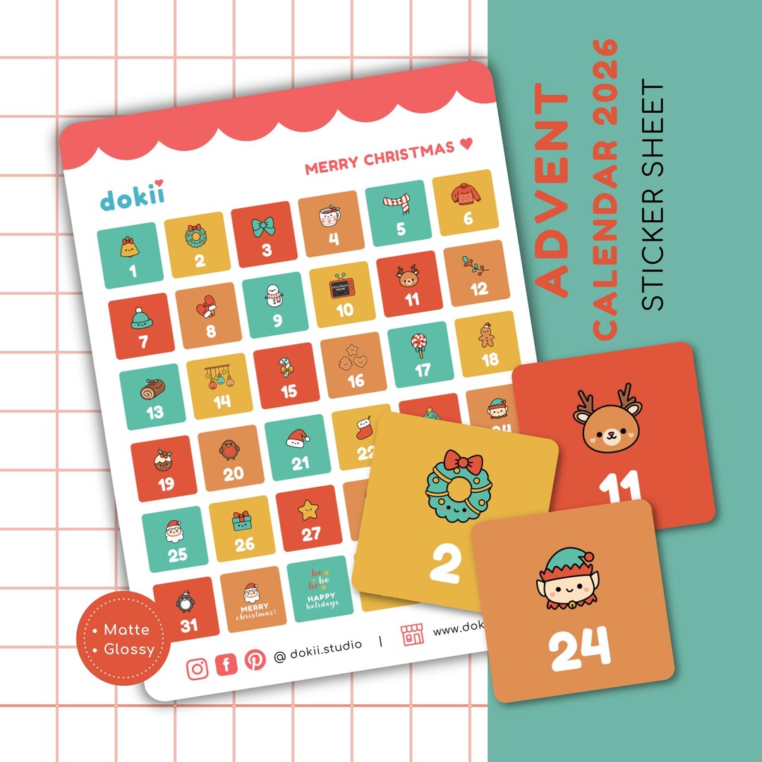 2026 Advent Calendar Sticker Sheet | Cute Christmas Date Cover Stickers ...
