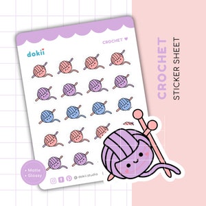 Kawaii Häkeln Aufkleber Bogen, niedlichen häkeln Planer Aufkleber Garn Ball Symbol Wolle Häkelnadel Pastell Crafter Handmade Häkeln Crocheter UK