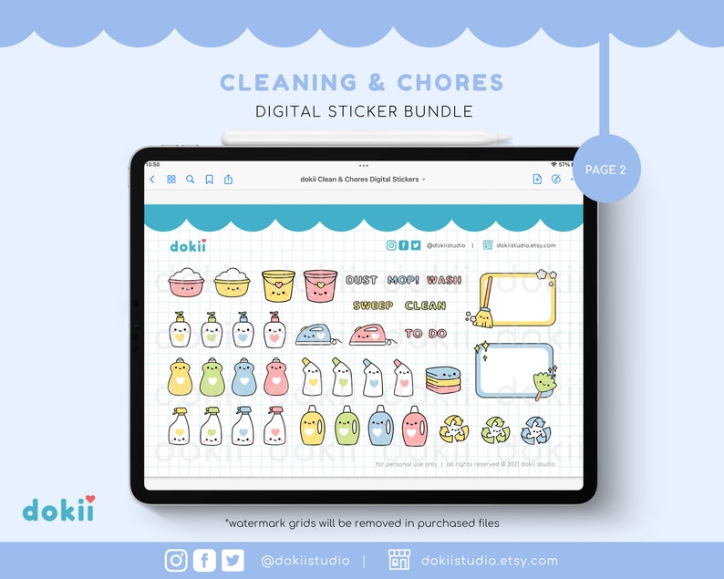 Adesivi digitali per le pulizie kawaii / 73+ adesivi digitali per le faccende domestiche carini GoodNotes Planner, icone PNG pre-ritagliate per le pulizie di primavera immagine 6