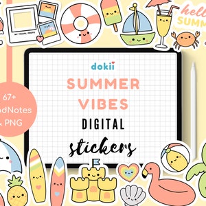 Kawaii Summer Vibes Digital Stickers | 67+ Cute Tropical Beach Holiday PNG Pre-Cropped GoodNotes Beach Planner Sticker Download Seasonal