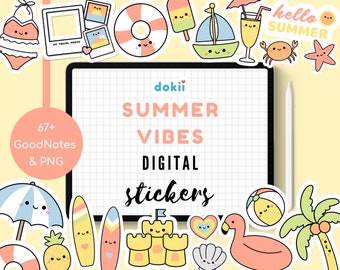 Kawaii Summer Vibes Digital Stickers | 67+ Cute Tropical Beach Holiday PNG Pre-Cropped GoodNotes Beach Planner Sticker Download Seasonal