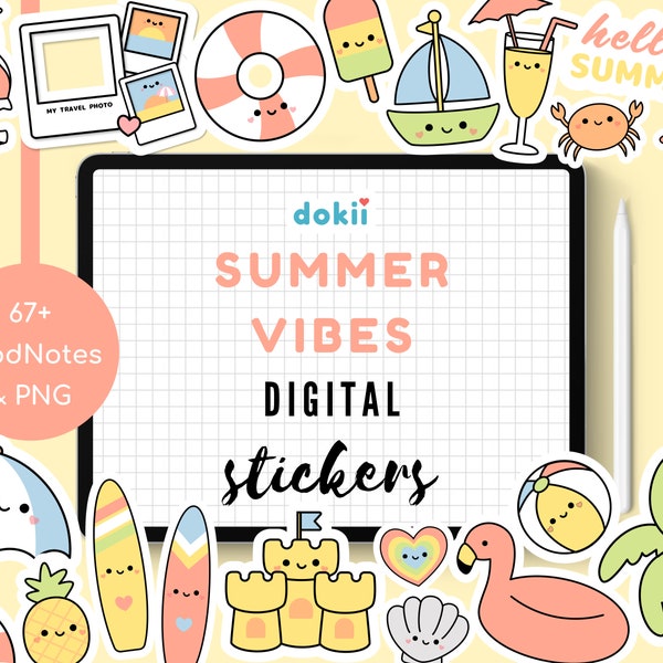 Kawaii Summer Vibes Digital Stickers | 67+ Cute Tropical Beach Holiday PNG Pre-Cropped GoodNotes Beach Planner Sticker Download Seasonal