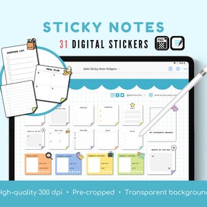 May include: A digital illustration of 31 colorful sticky note widgets for digital planners. The notes feature various designs, including a shopping list, meal plan, and "Quotes of the Day".