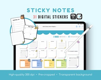 Sticky Note Digital Widget Stickers | 31 Cute Widgets GoodNotes & Pre-Cropped PNG Functional Planner Stickers Reminder To-Do List Shopping