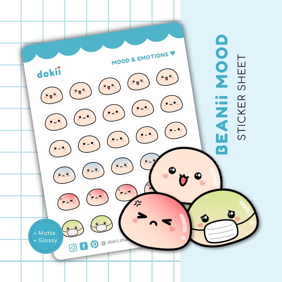 Kawaii Mood Tracker Stickers | Cute Beanii Emoti Stickers Mood Icon ...