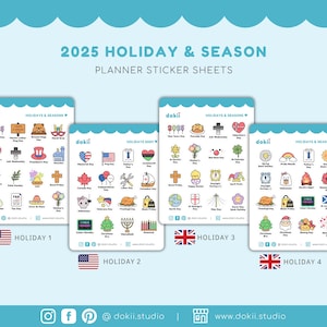 May include: Four sticker sheets with colorful illustrations of holidays and seasons for 2025. Each sheet has a different flag: American, British, American, British. The text "dokii" appears in the bottom right corner.
