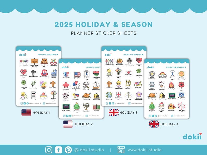 May include: Four sticker sheets with colorful illustrations of holidays and seasons for 2025. Each sheet has a different flag: American, British, American, British. The text "dokii" appears in the bottom right corner.