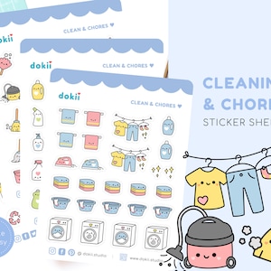 Feuille d'autocollants de l'agenda de nettoyage kawaii | Autocollant mignon icône de tâches ménagères - Lessive, aspirateur, poubelle de recyclage, balai, vadrouille | Mat/brillant Royaume-Uni