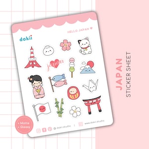 Linda hoja de pegatinas japonesas / Pegatinas japonesas de kimono kawaii, flor de cerezo Sakura, viajes a Japón, monte Fuji, Torre de Tokio, muñeco Daruma del Reino Unido