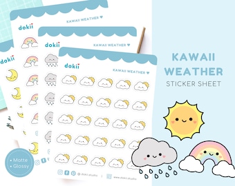 Kawaii Weather Sticker Sheet |  Cute Weather Planner Sticker March Weather Tracker Icon Sunny, Rain, Rainbow, Snow, Wind, Storm, Moon, Stars