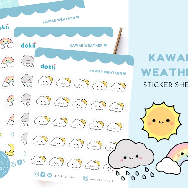Kawaii Weather Sticker Sheet |  Cute Weather Planner Sticker March Weather Tracker Icon Sunny, Rain, Rainbow, Snow, Wind, Storm, Moon, Stars