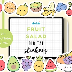 Kawaii fruit digitale stickers | Leuke fruitsalade GoodNotes, png-afbeeldingen | Sticker maaltijdplanner juni zomer fruitschaal gezond eten bessen