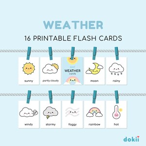 16 tarjetas flash del tiempo Kawaii / tarjetas meteorológicas imprimibles digitales / jardín de infantes, preescolar, niños, niños pequeños que aprenden tarjetas de 3 partes Montessori