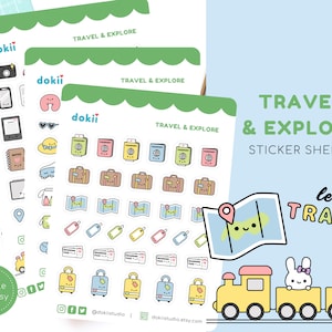 Bonita hoja de pegatinas para planificador de viajes / Pegatinas de vacaciones: iconos de viaje: pasaporte, transporte, equipaje, artículos de tocador y pegatinas para dispositivos electrónicos.