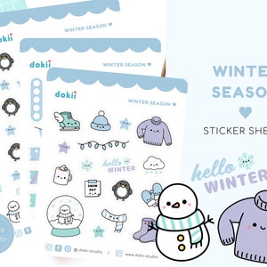 Stickervel Kawaii winterseizoen | Leuke winterplannersticker december november sneeuwpop, sneeuwvlokken, pinguïn, winterdecoratie mat/glanzend VK