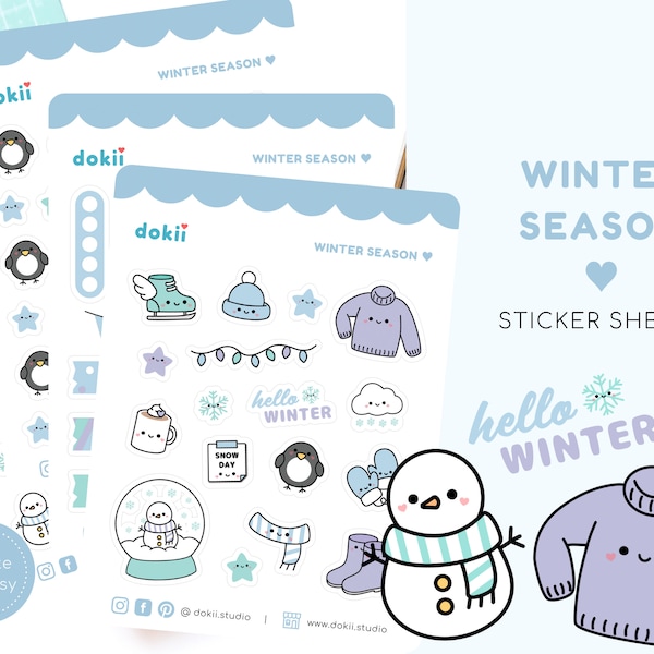 Kawaii Winter Season Sticker Sheet | Cute Winter Planner Sticker December November Snowman, Snowflakes, Penguin, Winter Deco Matte/Glossy UK