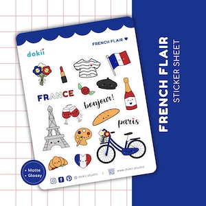 Foglio di adesivi French Flair Parigi / Adesivi carini per pianificare viaggi in Francia, bandiera francese, croissant, vino francese, adesivi parigini, Bonjour!