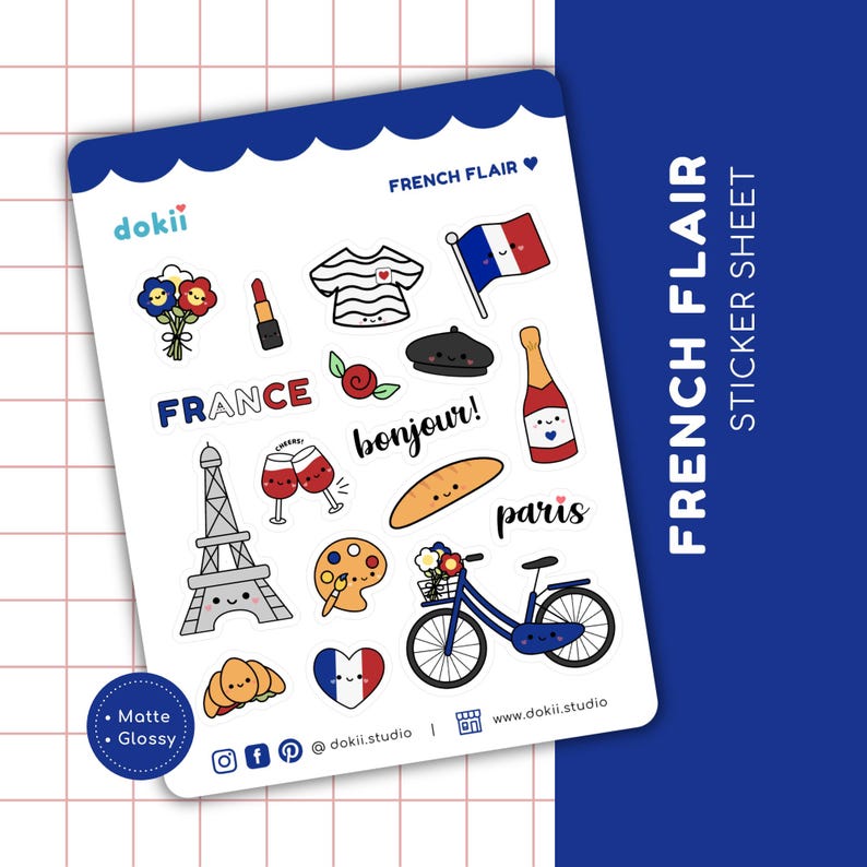 May include: A sticker sheet with a French theme. The sheet includes images of the Eiffel Tower, a baguette, a beret, a croissant, a bicycle, a paint palette, a wine glass, a bottle of champagne, a flower bouquet, a red lipstick, a striped shirt, and a French flag. The sheet is titled "French Flair Sticker Sheet".
