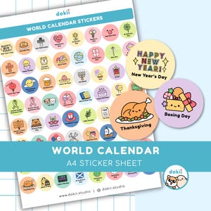Hoja de pegatinas del Calendario Mundial 2026 / 64 pegatinas bonitas para el planificador de eventos anuales / Pegatinas kawaii de días festivos de 2026 para Reino Unido, EE. UU. y eventos globales