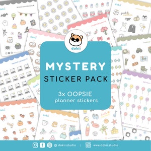 Pacote de adesivos misteriosos | 3x folhas de adesivos para planejador OOPSIE, sacolas de adesivos kawaii, pacote de adesivos fofos aleatórios imperfeitos, mix dokii studio