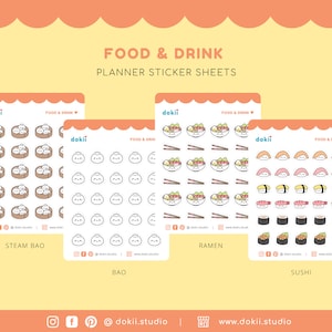 May include: Four sticker sheets with illustrations of food and drink. The sheets are white with a blue border and the text "FOOD & DRINK" at the top. The sheets feature illustrations of steamed bao, bao, ramen, and sushi.