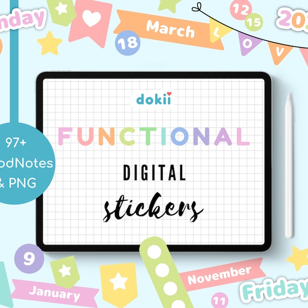 Rainbow Functional Digital Stickers | Monthly Widgets Planner Stickers Goodnotes Pastel Calendar Date Pre-Cropped PNG Days, Week, Month 2024