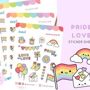 Foglio di adesivi kawaii Pride / Carino LGBTQ+ Bandiera arcobaleno Cuore progressista Queer Gay Lesbiche Bi Trans Uguaglianza Amore e amicizia Positività Regno Unito