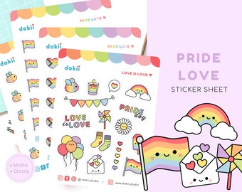 Hoja de pegatinas del Orgullo Kawaii / Linda bandera arcoíris LGBTQ+ Corazón progresista Queer Gay Lesbiana Bi Trans Igualdad Amor y amistad Positividad Reino Unido