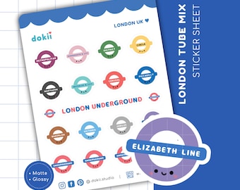 London Tube Line Sticker Sheet | London Transport Stickers Underground Mix | Elizabeth Line, Central, Northern, Bakerloo UK Travel Stickers