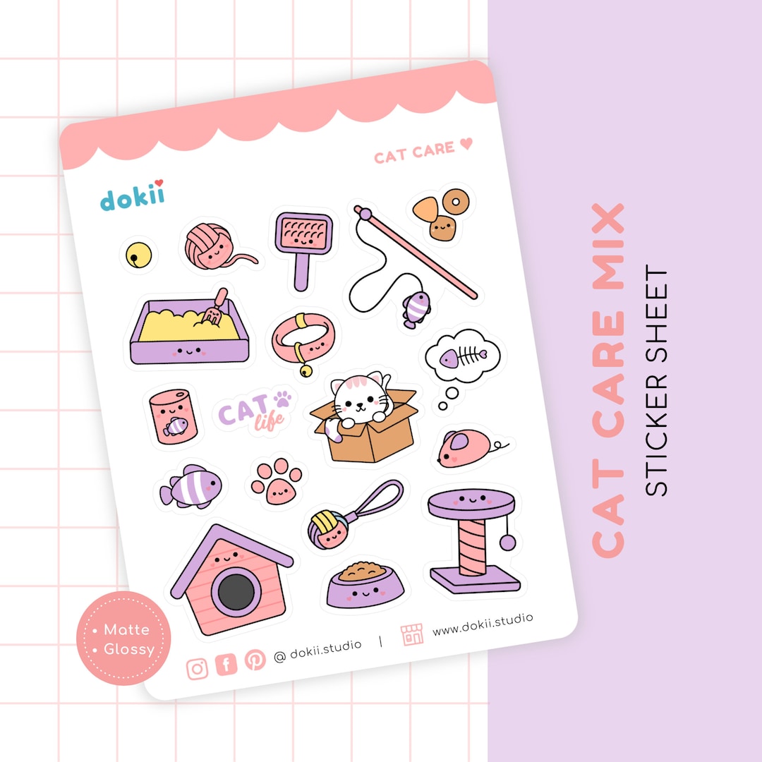 Kawaii Cat Care Sticker Sheet | Cute Cat Stickers Planner Feed Cat ...