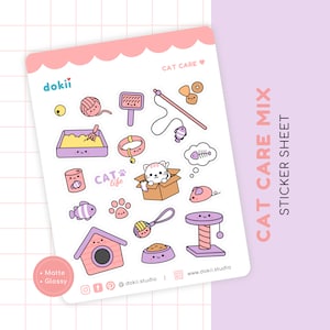 Folha de adesivos de cuidado de gato Kawaii | Planejador de adesivos para gatos fofos, lembrete de maca para gatos, hora de brincar, gato em uma caixa | Fosco/brilhante Reino Unido
