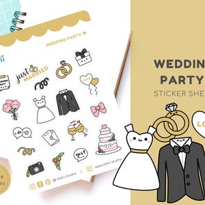 Stickervel Kawaii bruiloft | Leuke plannerstickers bruiloft, bruid en bruidegom, bruidstaart, trouwringen, trouwkaarten, bloemen
