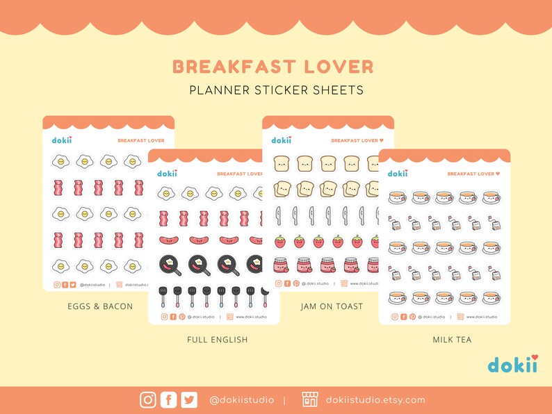 Pu&ograve; includere: Quattro fogli di adesivi con illustrazioni a tema colazione. I fogli sono etichettati "Eggs & Bacon", "Full English", "Jam on Toast" e "Milk Tea". Ogni foglio presenta una variet&agrave; di immagini di cartoni animati carini, tra cui uova, pancetta, toast, marmellata, tazze da t&egrave; e bustine di t&egrave;.