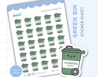 Cute Green Bin Sticker Sheet UK | Recycling Day Reminder Planner Stickers Garden Waste Collection Sticker Green Wheelie Bin Planner Sticker
