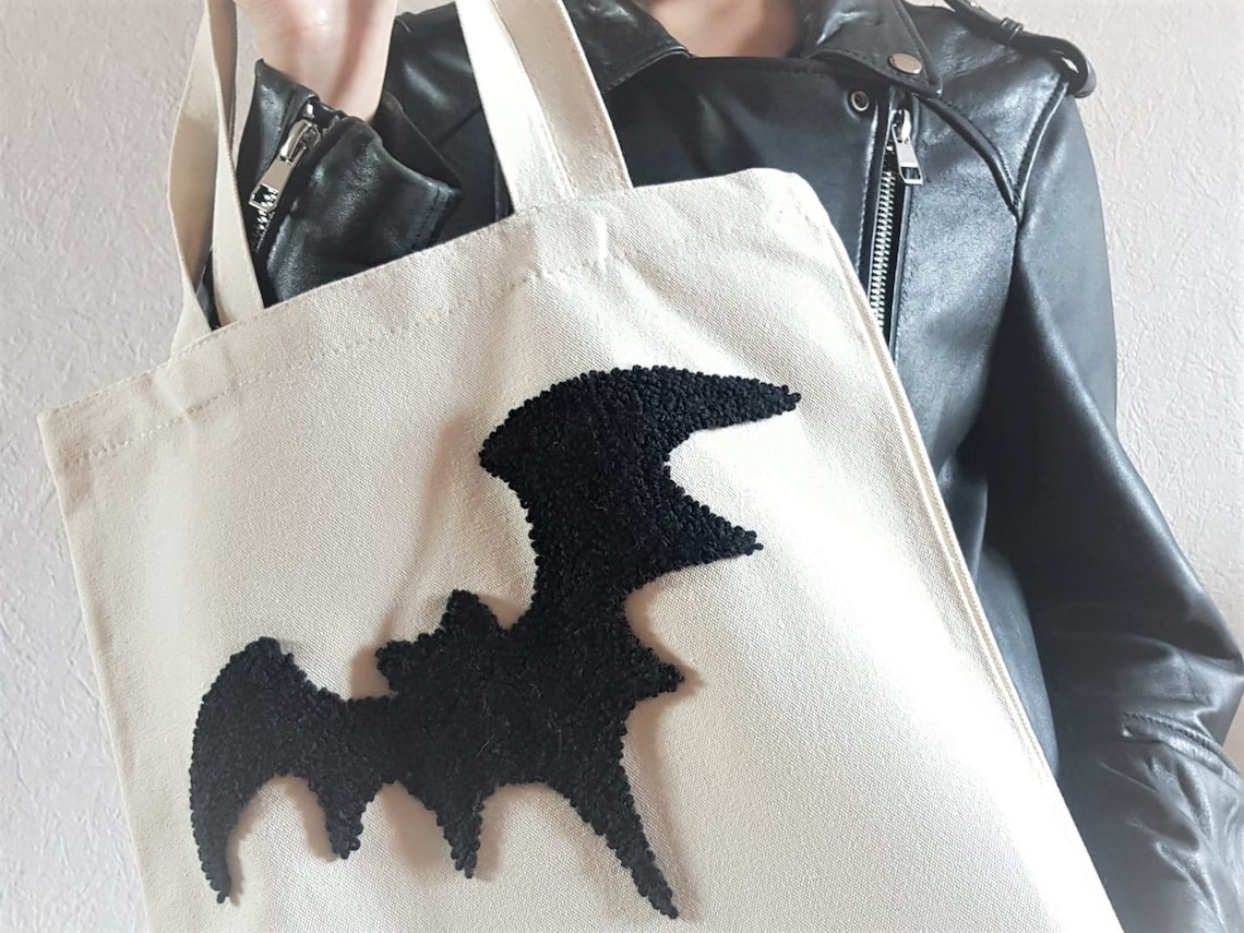 Bat bag halloween tote bag cotton art tote bag embroidered Etsy