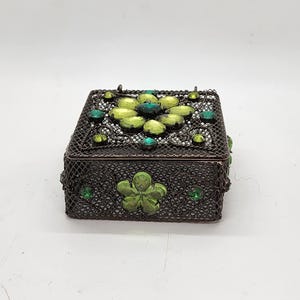 Trinket Jewelry Box Purple Enamel Gilded Finish Turquoise Center Stone