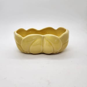 May include: A yellow ceramic planter with a scalloped rim and a wavy, organic design. The planter is made of glazed ceramic and has a smooth, glossy finish.
