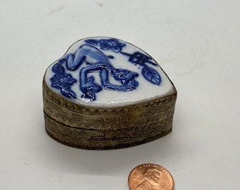 Blue and White Porcelain Chinese Silver Trinket Box Vintage