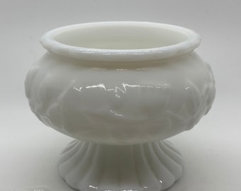 White Milk Glass Pedestal Planter Bowl Floral Flower Vines Motif Vintage