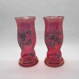Set Antique Cranberry Etched Flowers Handmade Hand Painted Glass Vase Vintage
