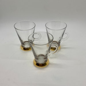 Small Glass Clear Cup with Handle Gold Striped Base Set of 3 Vintage
