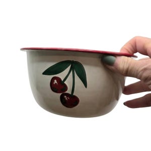 May include: Cream-colored ceramic bowl with a red rim and a cherry design. The bowl features two cherries with green leaves painted on the side. The bowl is held by a hand.
