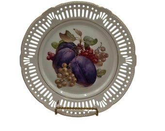 Par de platos de fruta vintage de porcelana calada dorada Carl Schumann Bavaria de 19 cm (7,5 pulgadas)