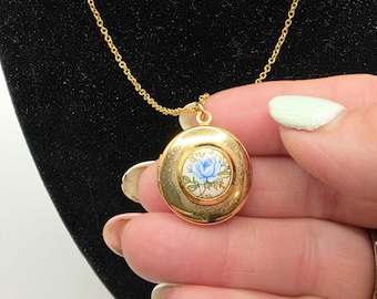 Vintage Rose Locket Necklace in Goldtone Porcelain Flower Cabochon