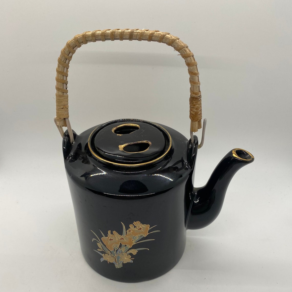 Vintage Black Teapot W/wicker Handle made in Japan Etsy