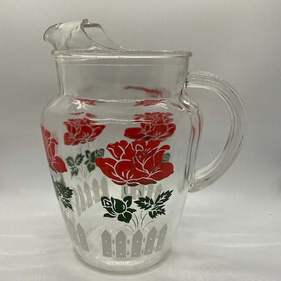 Hazel Atlas Glass Pitcher Red Roses Picket Fence and Set of 4
