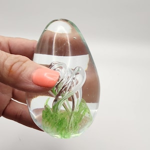 Egg shaped Paperweight with Controlled Green and Clear Swirl 4&quot;