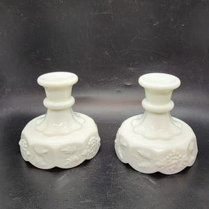 Vintage Westmoreland White Milk Glass Grape and Leaf Pattern Tapered Candle Holders
