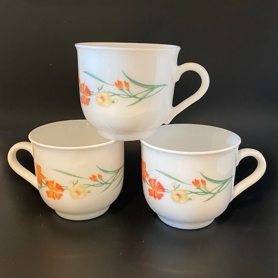 Milk Glass Arcopal France Set of Three Orange Yellow Wildflowers  Vintage MCM Arcopal France Set of mugs main image 0